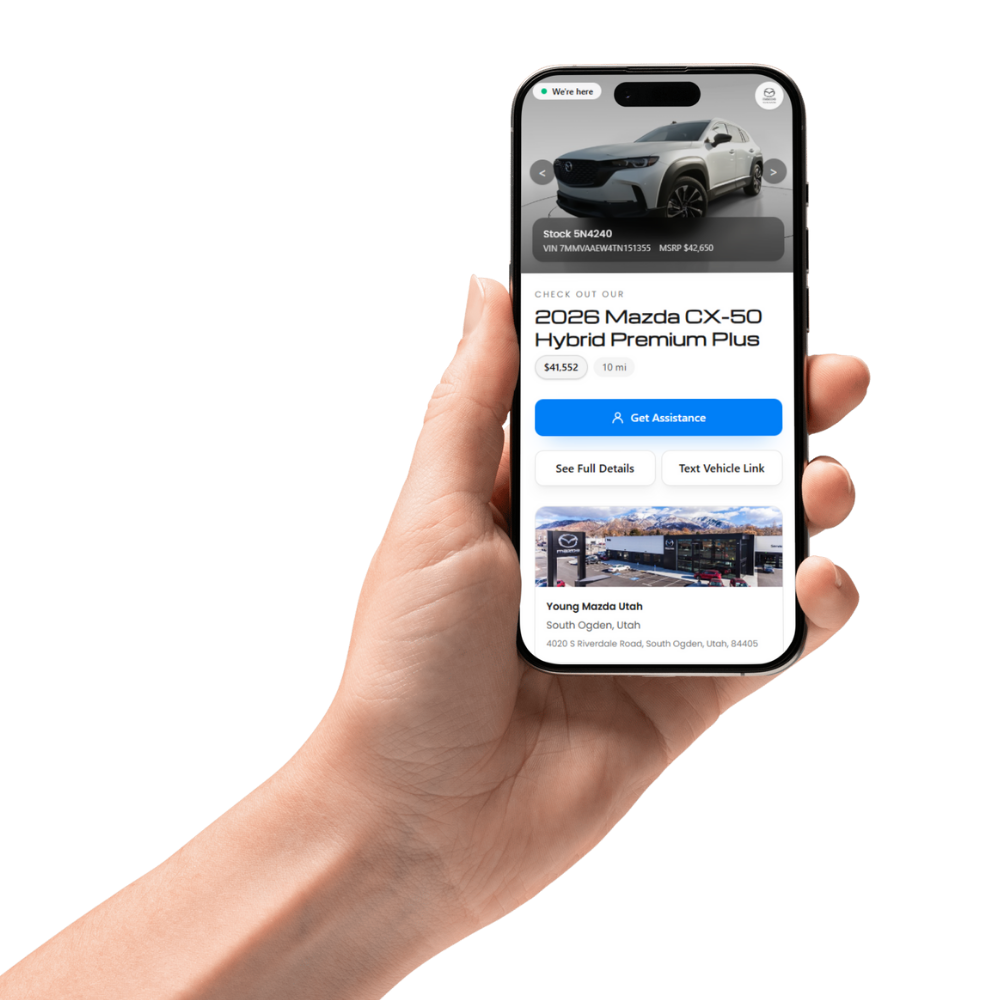 QRide phone mockup showing the dealership vehicle details page